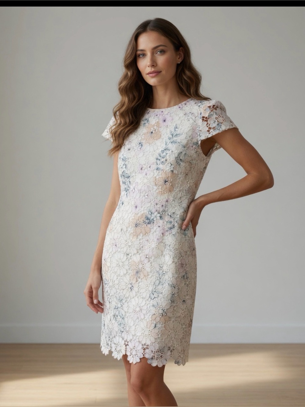 Floral Lace Sheath Dress in Cream and Pink